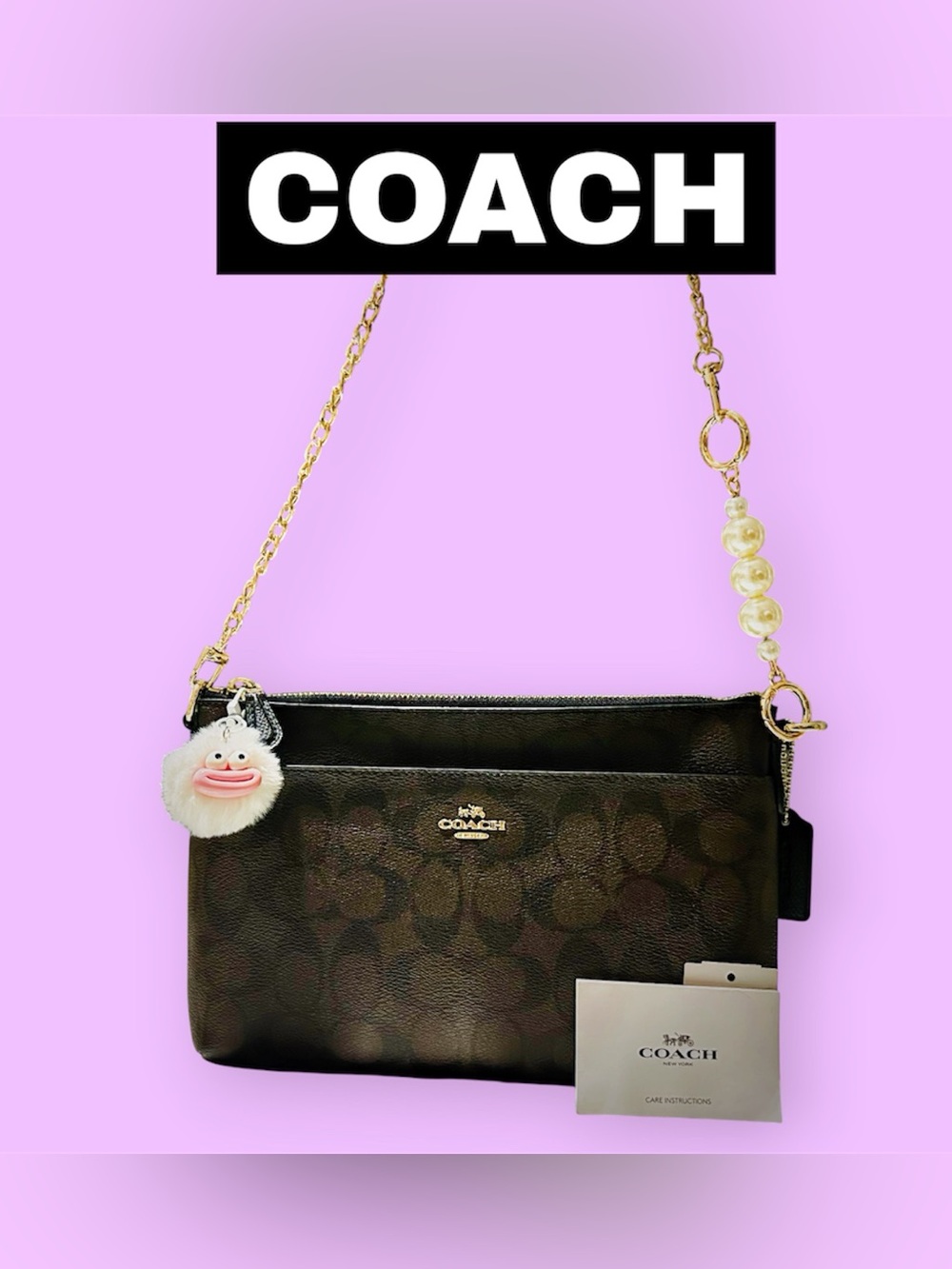COACH Black Signature Monogram Chain Crossbody with Pearl Accent - Picture 7 of 17